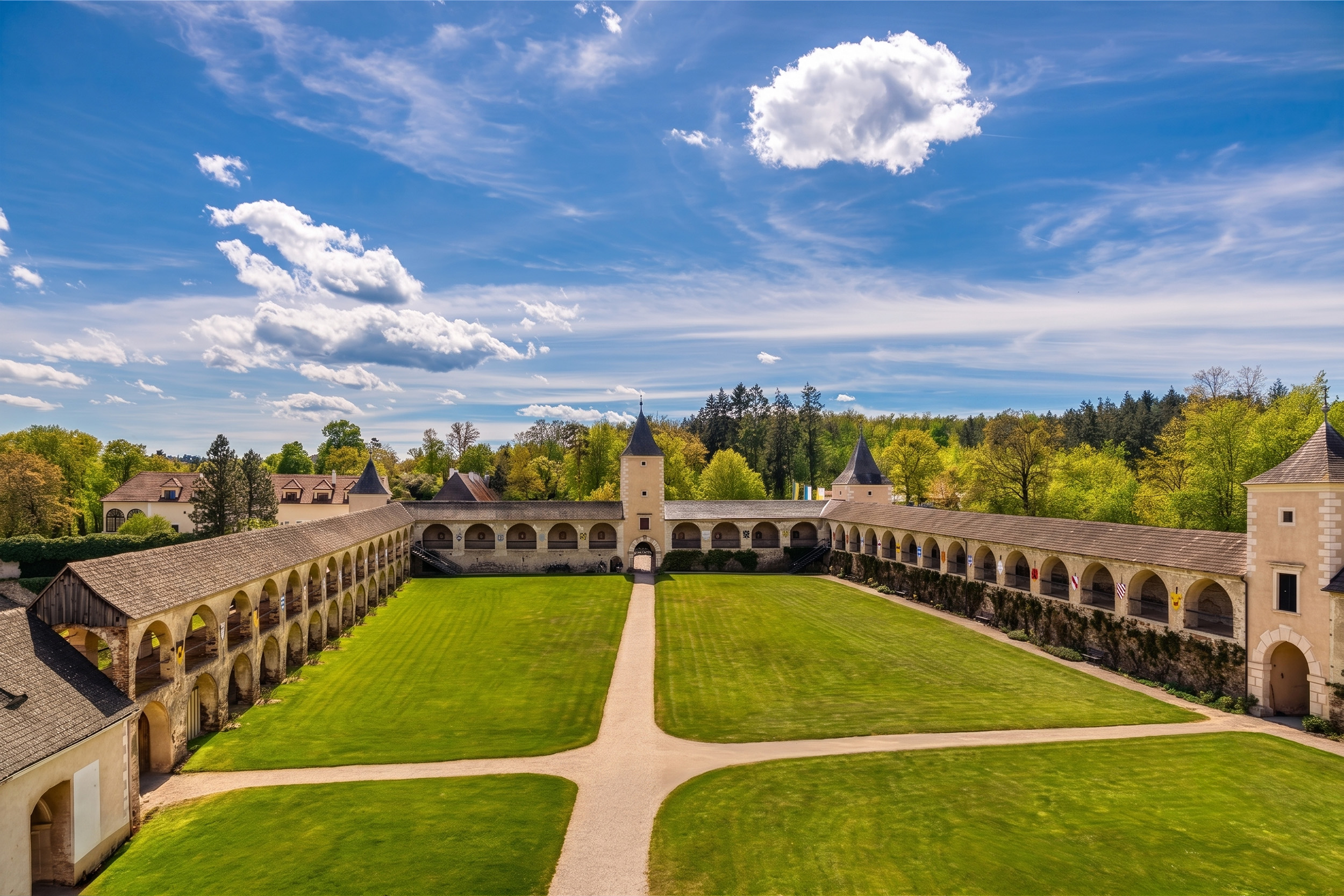 Panoramic view of the historic grand tournament courtyard with arcade walkways and lush green lawns at Rosenburg Castle, Austria.