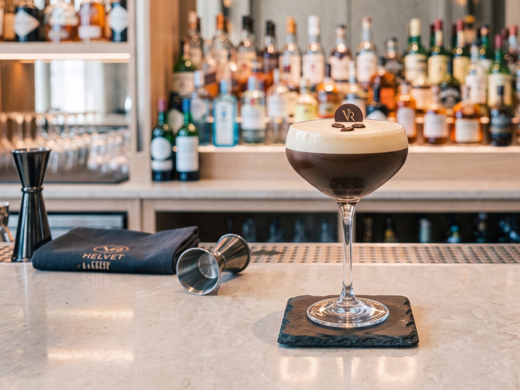 Signature Espresso Martini Espresso martini cocktail with a coffee-bean garnish on a bar counter, back bar bottles softly blurred behind