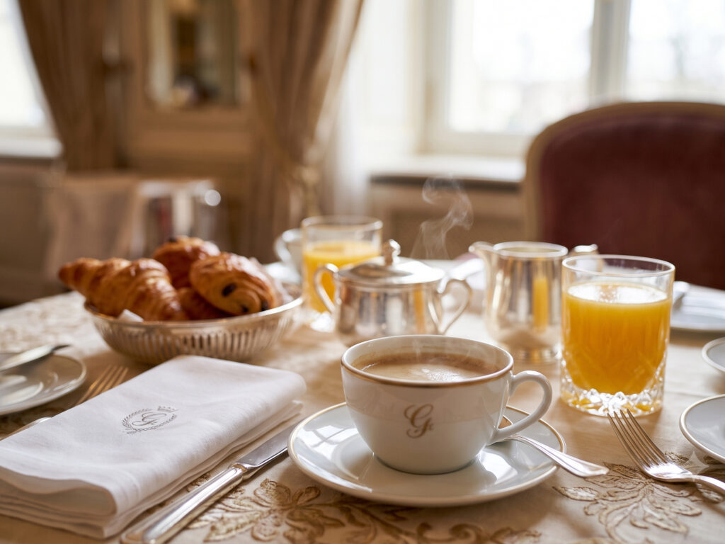 Elegant Hotel Breakfast Setting Steaming coffee, fresh croissants, and orange juice styled on an elegant hotel breakfast table