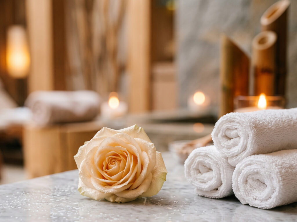 Spa Relaxation Styling Rolled spa towels, a fresh rose, and lit candles arranged on a marble surface in a wellness sanctuary