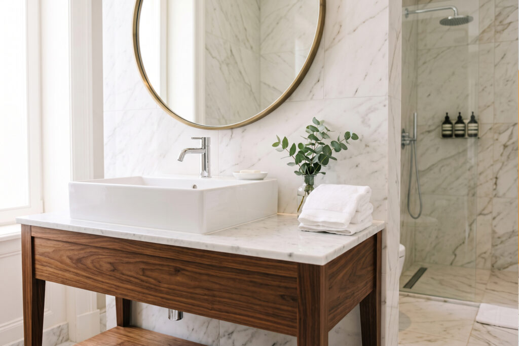Marble Bathroom Vanity with Eucalyptus Styling Luxury marble hotel bathroom with a walnut wood vanity, round brass mirror, folded white towels and eucalyptus styling