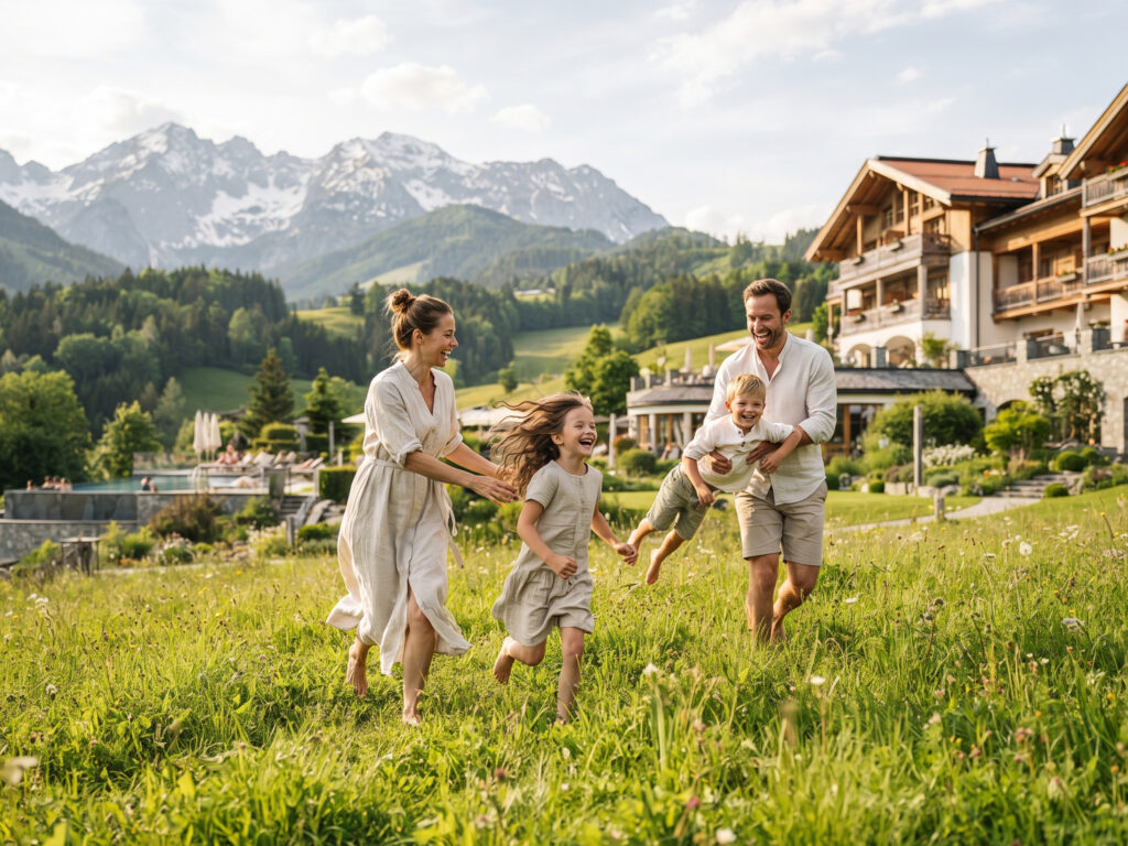 Laughing family running through an alpine meadow with the resort and mountains in the background