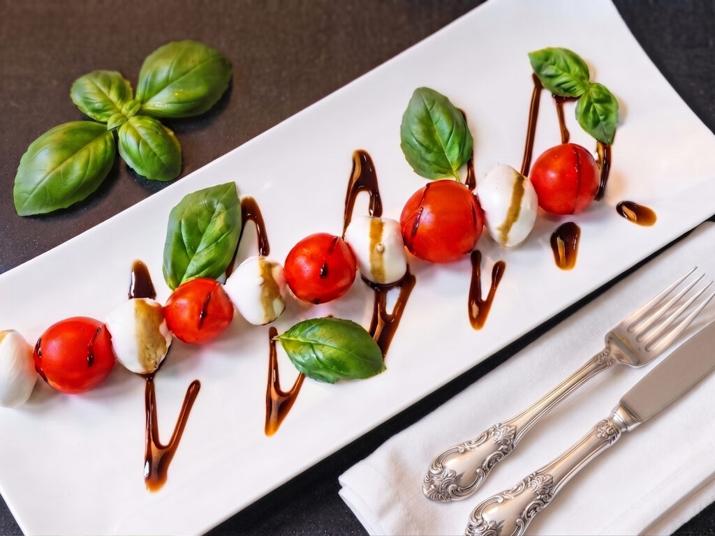 Caprese Skewers with Balsamic Drizzle Cherry tomato and mozzarella caprese plate with fresh basil and balsamic drizzle, precisely plated for a restaurant photoshoot